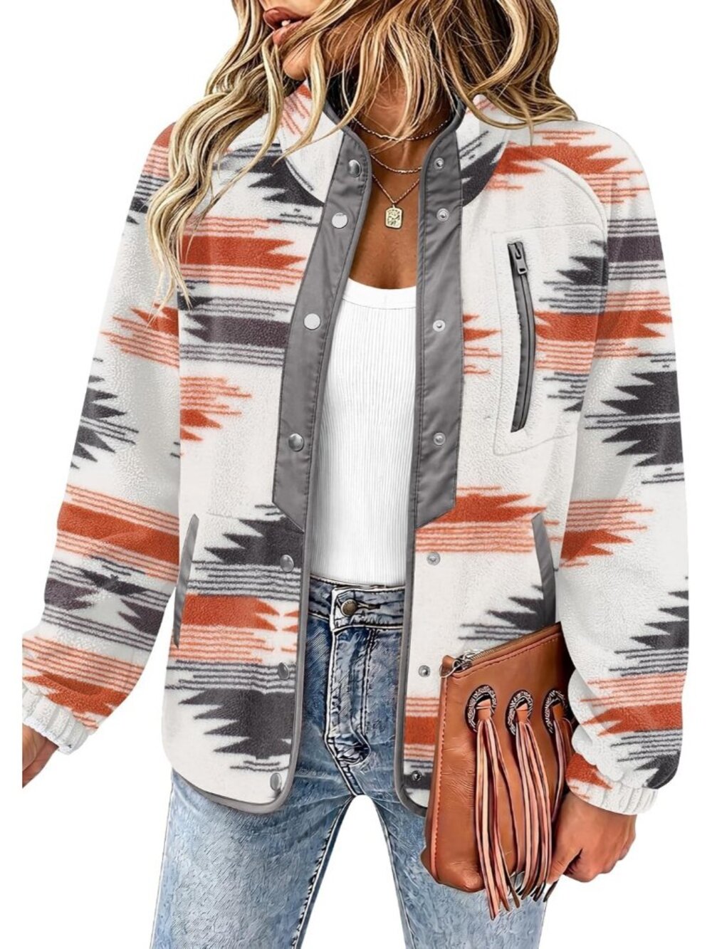 Women's Apricot Fleece Jacket Western Aztec Print Snap Button Down Outerwear